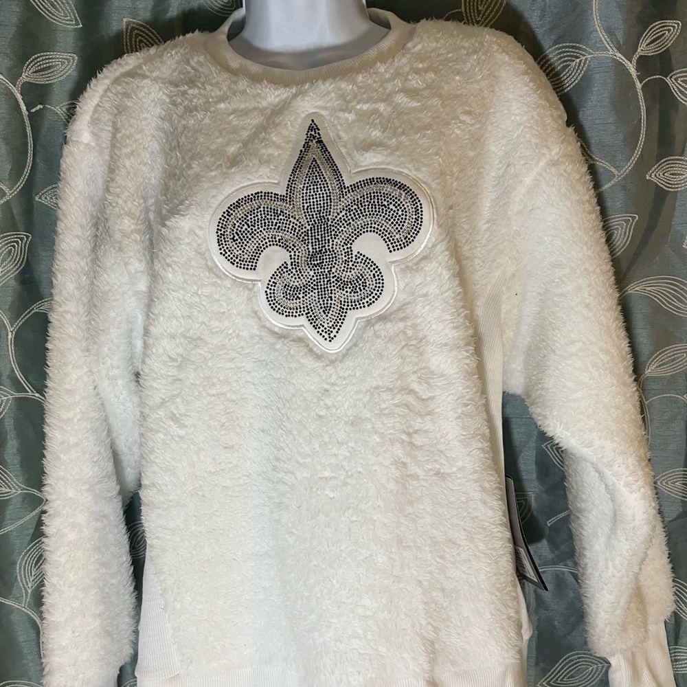 Women's White Fleece Sweater NFL SAINTS with Embellished Design Sz M White